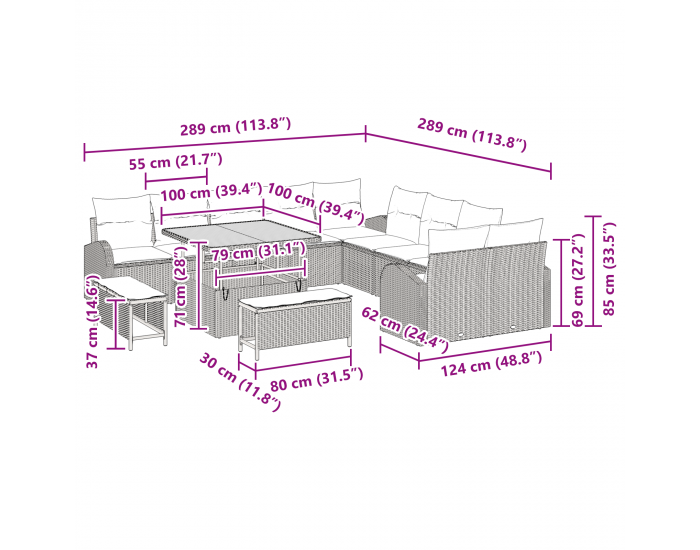 Sonata H 13 Членов Градински Комплект с Възглавници Сиво Полиестер от Върши и Акация