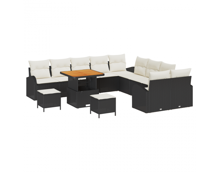 Sonata H 13-частов комплект градински диван с възглавници, черен полиратан и акация
