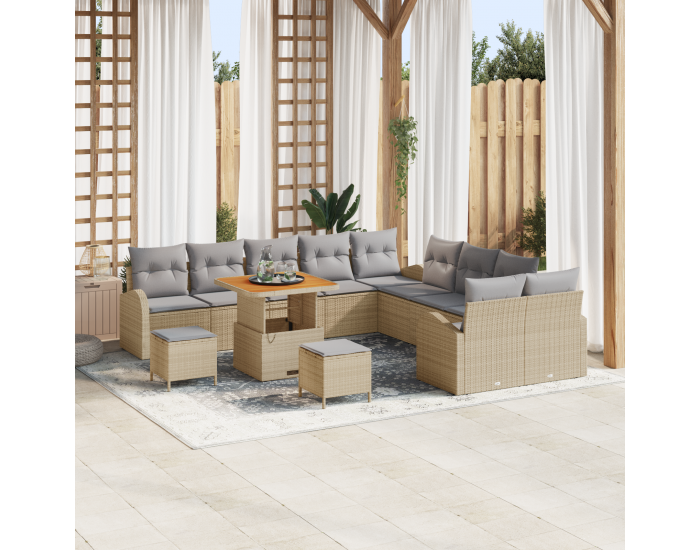 Sonata H 13 части градински комплект с възглавници Бежов Полиратан Акация