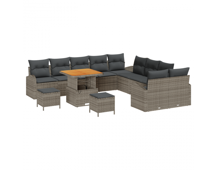 Sonata H 13 Часов Градински Диван Комплект с Възглавници Сив Полиратан Акация