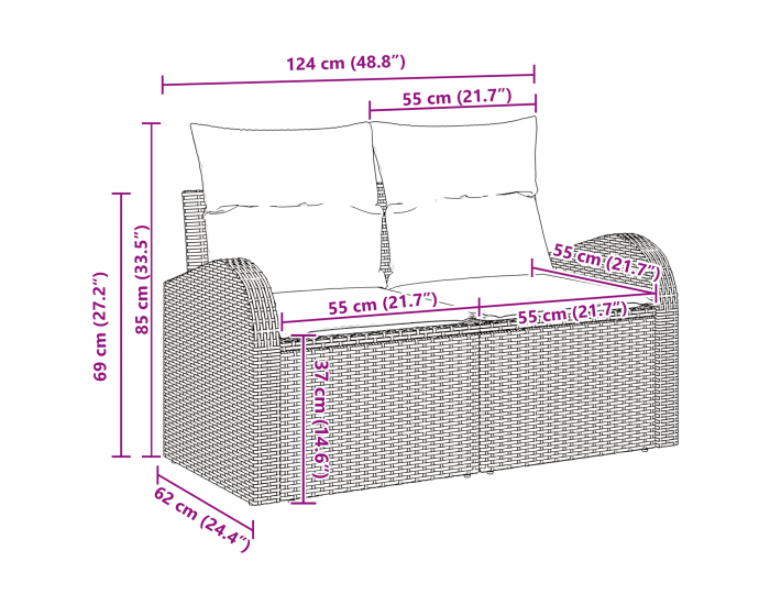 Sonata H 13 Часов Градински Диван Комплект с Възглавници Сив Полиратан Акация