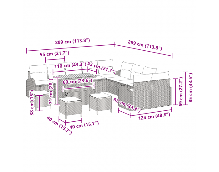 Sonata H 14 Членен Комплект Градински Диван с Възглавници Сив Полиратан Акация