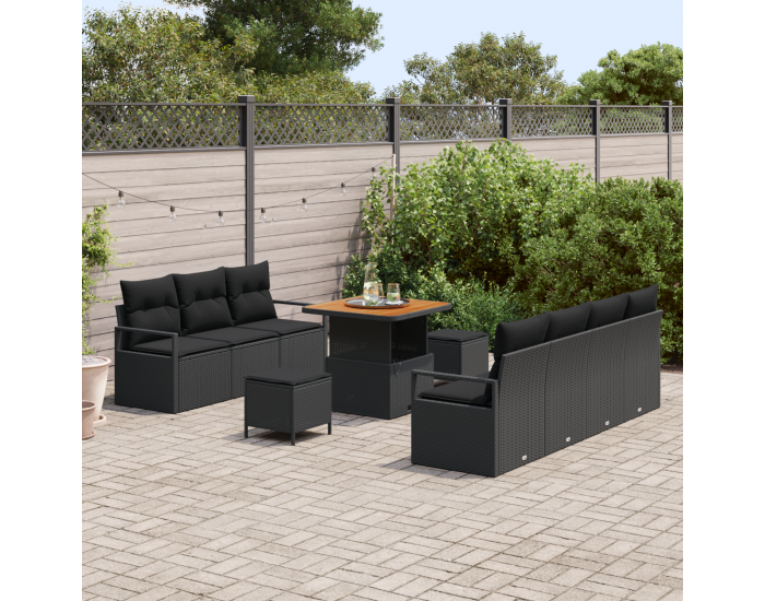 Sonata H 10 части комплект градински диван с възглавници Черен полиратан акация