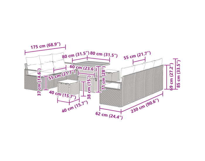 Sonata H 10 части комплект градински диван с възглавници Черен полиратан акация