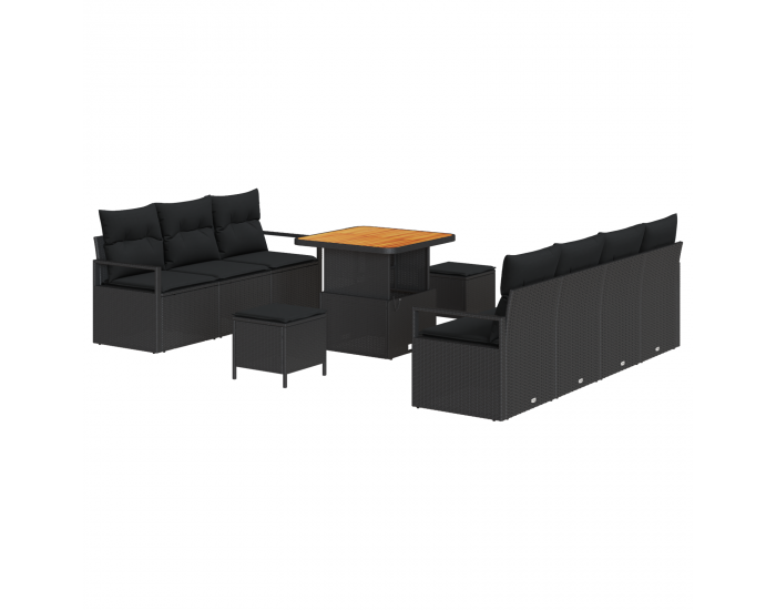 Sonata H 10 части комплект градински диван с възглавници Черен полиратан акация