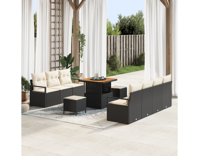 Sonata H 10 части Градински диван комплект с възглавници Черен полиратан Акация