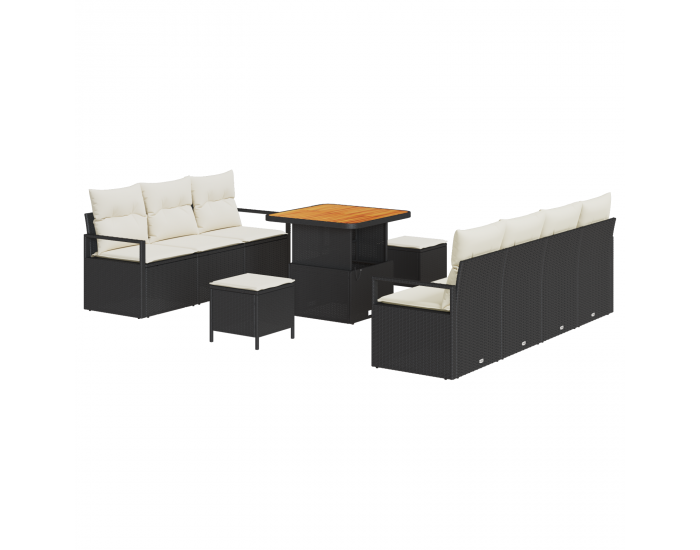 Sonata H 10 части Градински диван комплект с възглавници Черен полиратан Акация