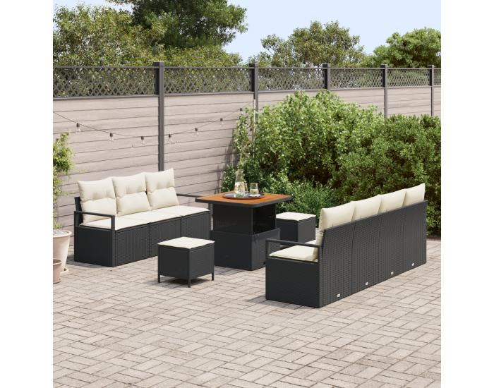 Sonata H 10 части Градински диван комплект с възглавници Черен полиратан Акация