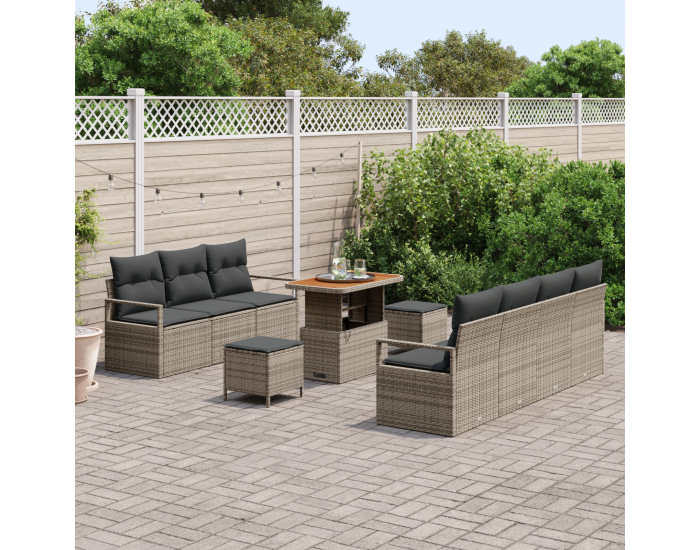 Sonata H 10 Часть Градински Диван Комплект с Възглавници Сив Поли Ратан Акация