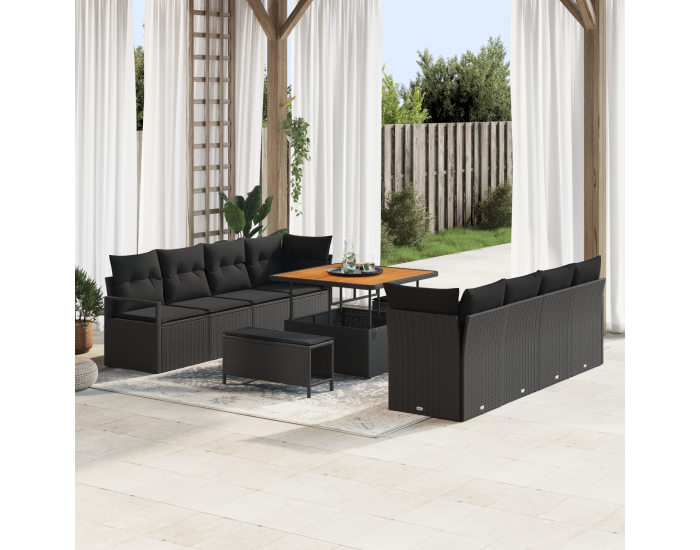 Sonata H 11 парчен комплект градински диван с възглавници черен полиротан акация