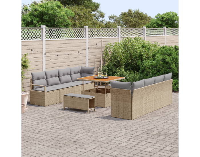 Комплект градински дивани Sonata H от 11 части с възглавници Бежов полиратан Акация