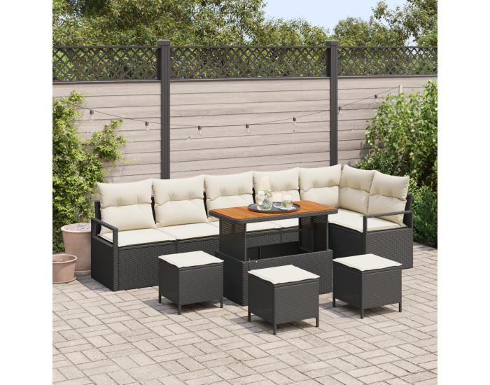 Sonata H 10-частен градински диван комплект с възглавници черен полиратан акация