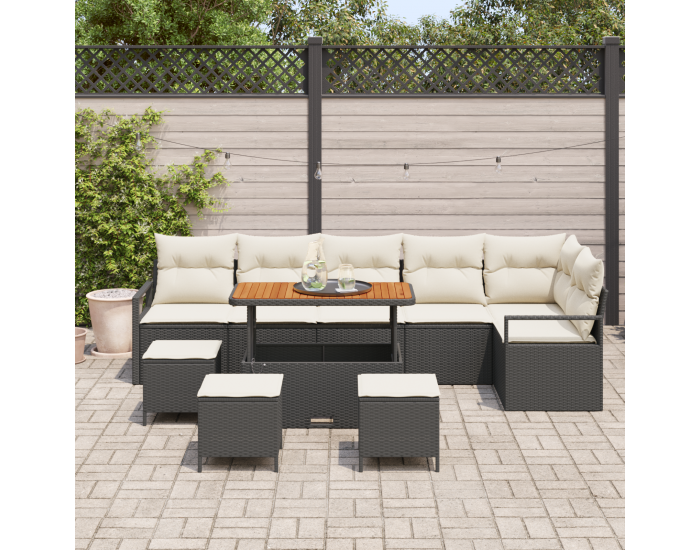 Sonata H 10-частен градински диван комплект с възглавници черен полиратан акация