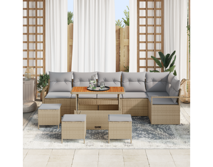 Sonata H 10 части градинска диванна маса с възглавници бежова полиестерен ратан акация