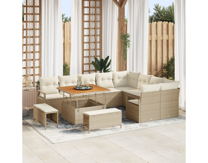 Sonata H 12 Частен Градински Диван Комплект с Възглавници Бежово Полимерен Ратан Акация