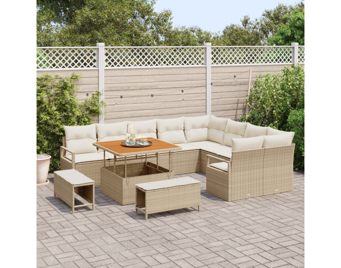 Sonata H 12 Частен Градински Диван Комплект с Възглавници Бежово Полимерен Ратан Акация