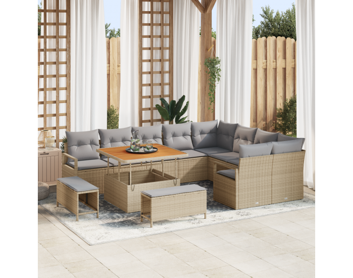 Sonata H 12 Частен градински диван комплект с възглавници Бежов Полиратан Акация