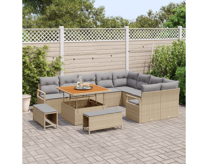 Sonata H 12 Частен градински диван комплект с възглавници Бежов Полиратан Акация