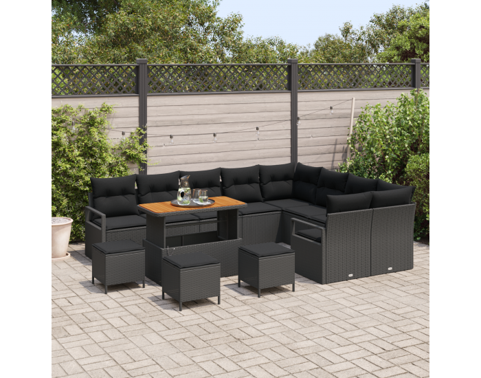 Sonata H 13 Часов комплект градински диван с възглавници черен поли ратан акация