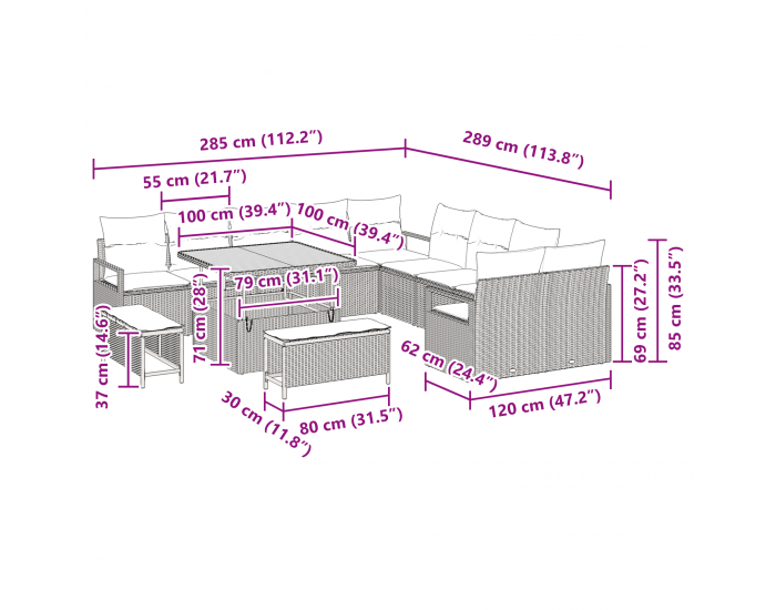 13 броя градински диван с възглавници Черен Полиратан Акация