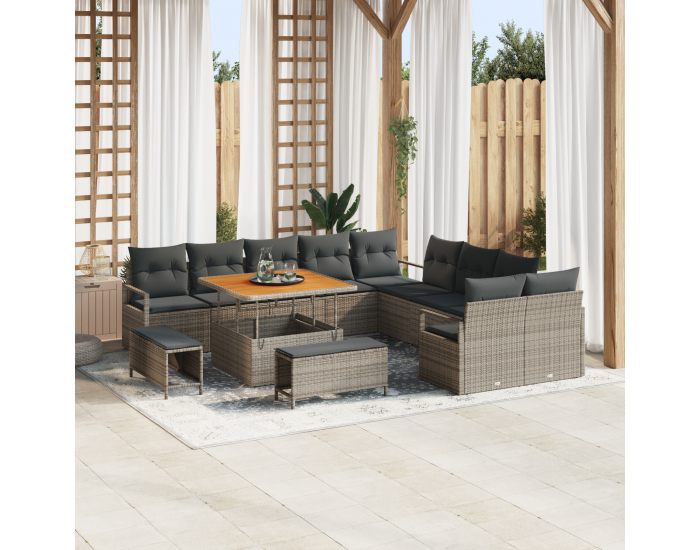 Sonata H 13 части градински диван комплект с възглавници сив полиратан акация