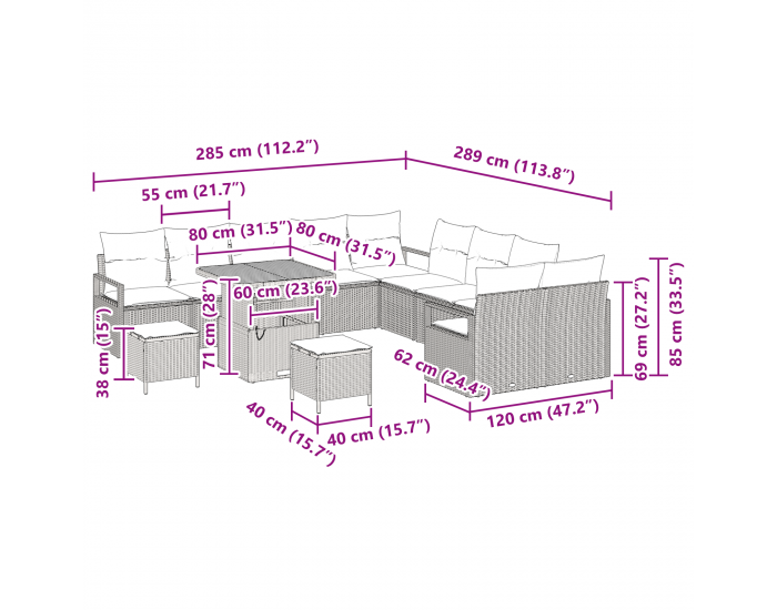 Sonata H 13 Членен Градински Диван Комплект С Възглавници Черен Полираатан Акация