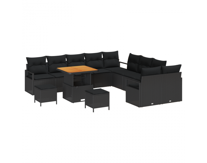 Sonata H 13 Членен Градински Диван Комплект С Възглавници Черен Полираатан Акация