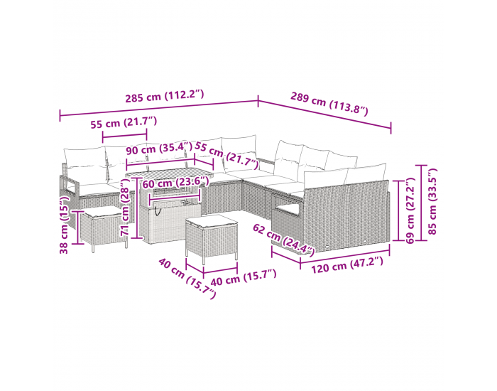 Sonata H 13 Часов комплект градински диван с възглавници Черен полиратан акация
