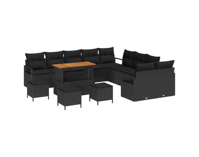 Sonata H 14 части градински диван комплект с възглавнички Черен полиратан Акация