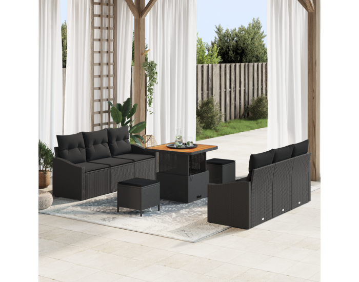 Комплект от 9 части за градина с възглавници Черен Полиратан Акация