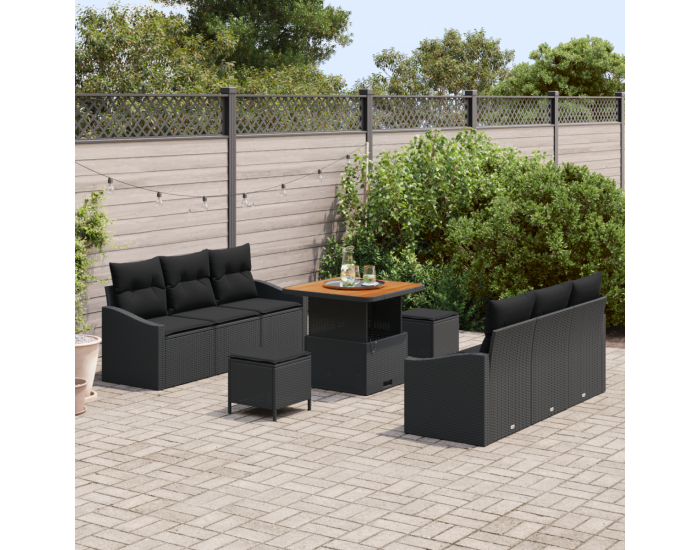 Комплект от 9 части за градина с възглавници Черен Полиратан Акация