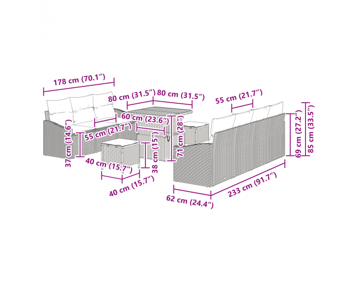 Sonata H 10 парчен градински диван комплект с възглавници сиво полипропилен акация