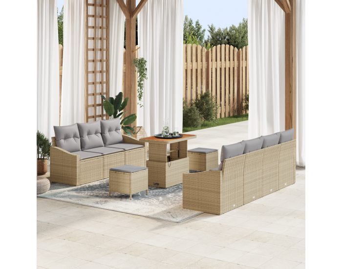 Sonata H 10-частен градински диван комплект с възглавнички Бежово Полиратан Акация
