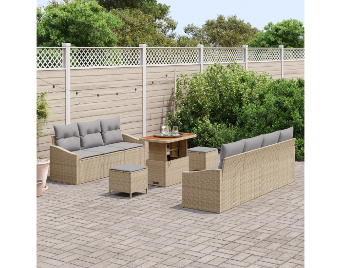 Sonata H 10-частен градински диван комплект с възглавнички Бежово Полиратан Акация