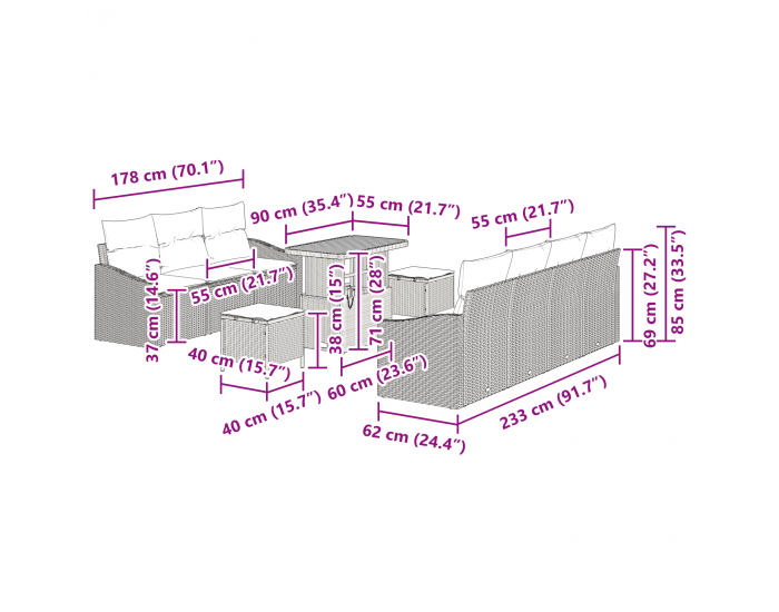 Sonata H 10-частен градински диван комплект с възглавници сив полиратан акация