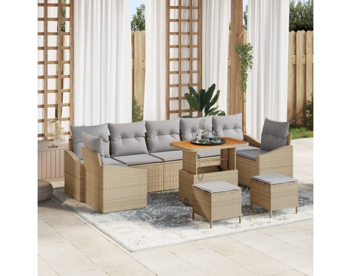 Диван комплект от 10 части с възглавници Бежов Полииратан Акация