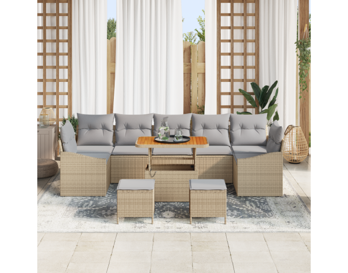 Диван комплект от 10 части с възглавници Бежов Полииратан Акация