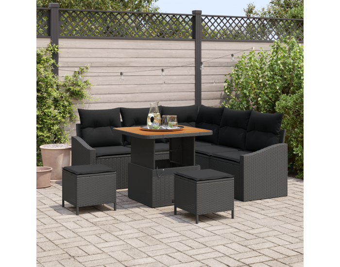 8-частов градински диван комплект с възглавници черен полиратан акация