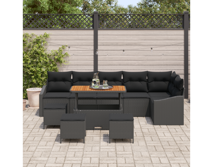 Sonata H 10 части градински диван комплект с възглавници Черен Полиратан Акация