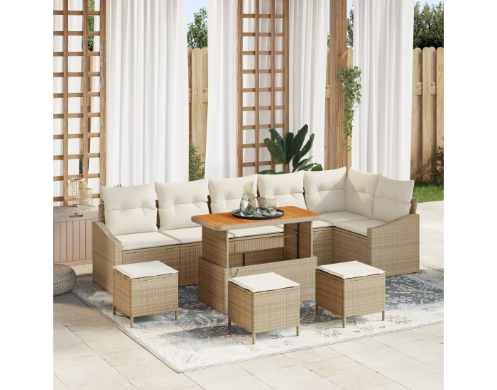 Sonata H 10 парчен комплект градински диван с възглавници Бежов Полиратан Акация