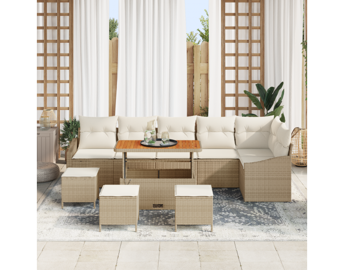 Sonata H 10 парчен комплект градински диван с възглавници Бежов Полиратан Акация