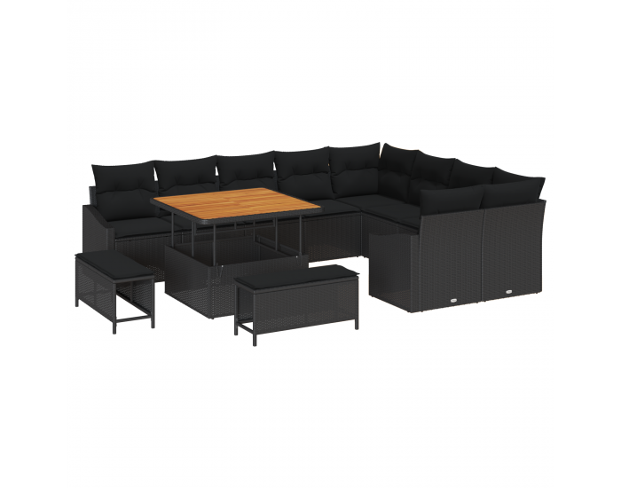 Sonata H 12 Часов Градински Диван Комплект с Възглавници Черен Полиратан Акация