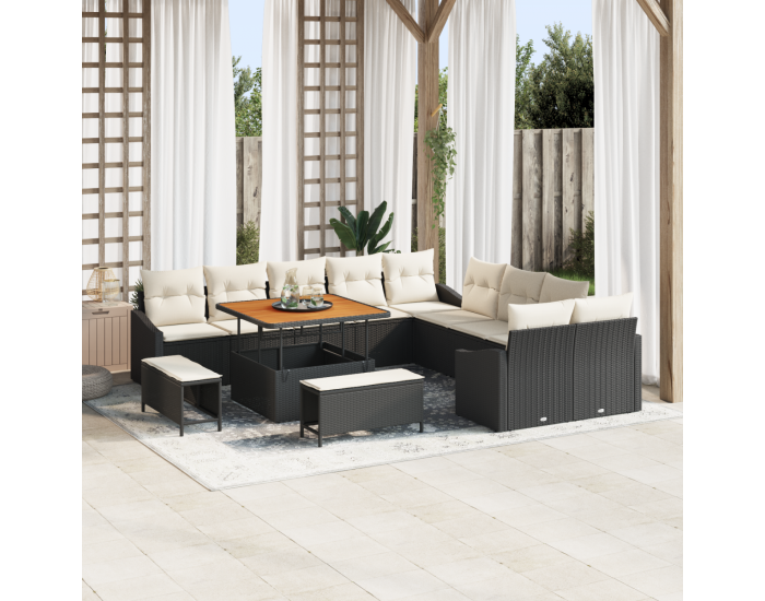 Комплект от 13 части градински диван с възглавници Черен полиратан Акация