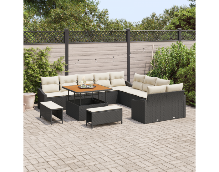 Комплект от 13 части градински диван с възглавници Черен полиратан Акация