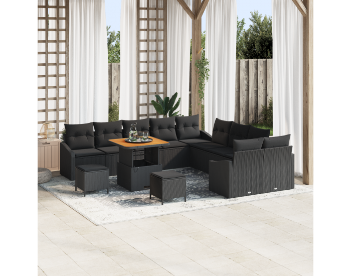 Sonata H 13 части градинско канапе комплект с възглавници черен поли ратан акация