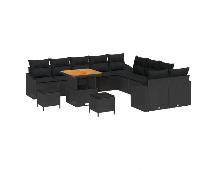 Sonata H 13 части градинско канапе комплект с възглавници черен поли ратан акация