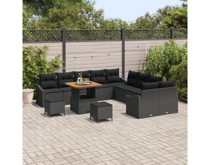 Sonata H 13 части градинско канапе комплект с възглавници черен поли ратан акация