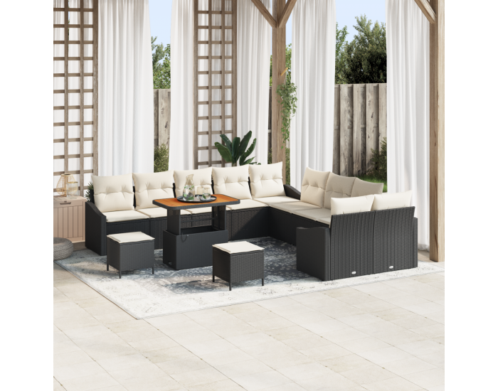 Комплект градински диван Sonata H с 13 части и възглавници Черен полиратан акация