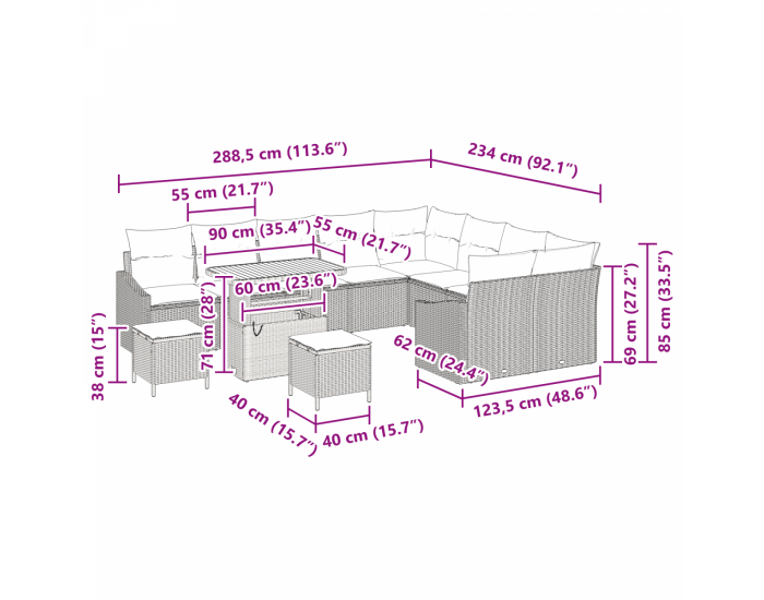 Комплект градински диван Sonata H с 13 части и възглавници Черен полиратан акация