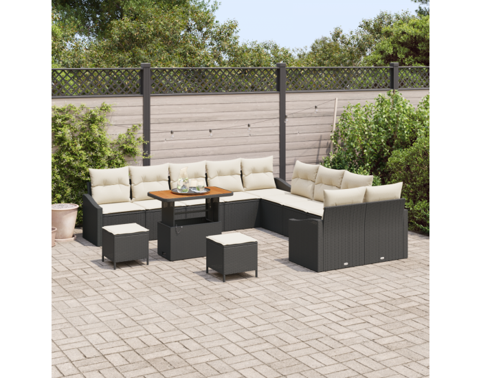 Комплект градински диван Sonata H с 13 части и възглавници Черен полиратан акация